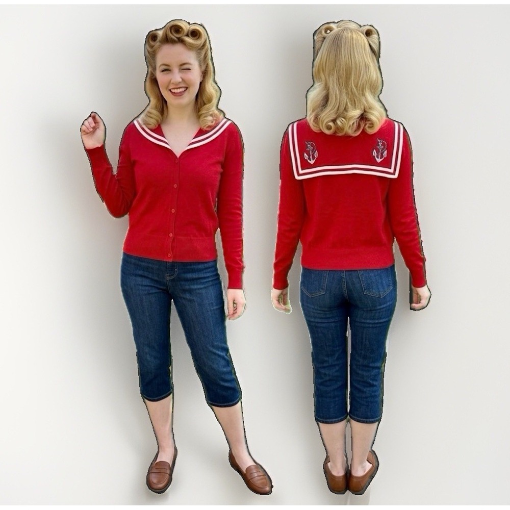 Hell Bunny Red Landlubber Sailor Cardigan Anchor Star Embroidery Retro Sweater S